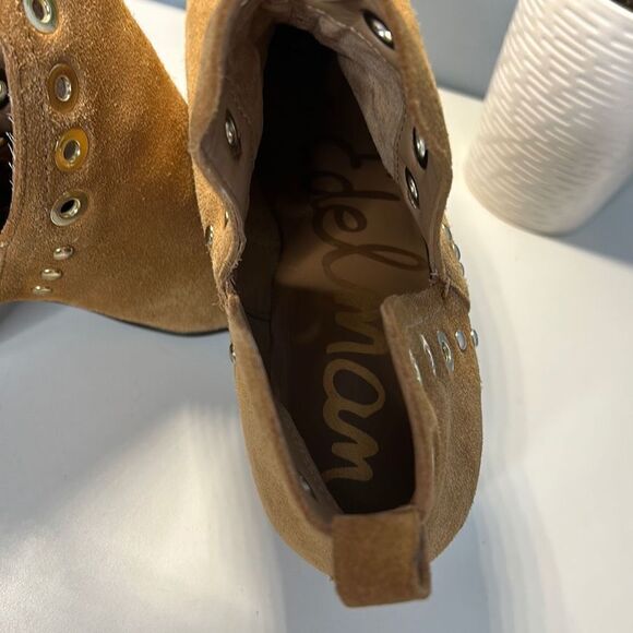 Sam Edelman Brown Studded Eyelet Cut Out Rubin Suede Bootie Sz 8 Block Heel - Picture 7 of 9